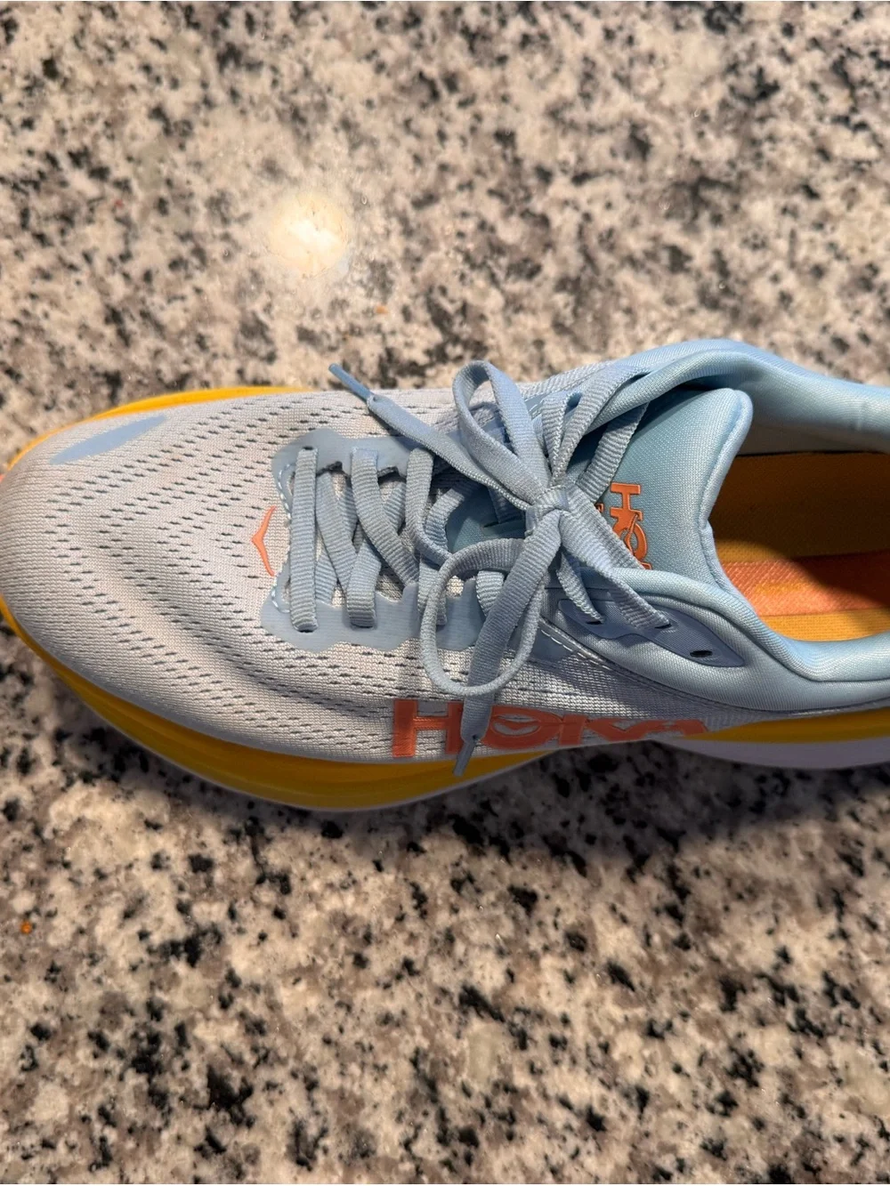 Hoka Bondi 8 Women’s Light Blue Shoe with Yellow Midsole